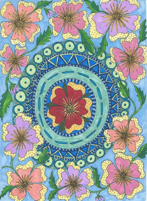 Flowers Floating Around Blue Mandala Drawing By Ali Rush Fine Art America