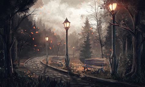 Pictures Spruce Nature Fantasy Bench Pavement Street Lights