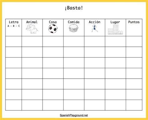 Basta Game For Spanish Vocabulary Practice Spanish Playground
