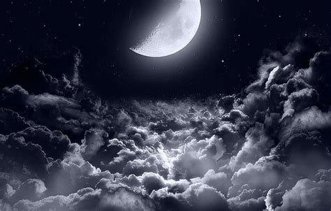 Dark Moon Clouds Stars Night Sky Moonlight Half Moon Night Sky