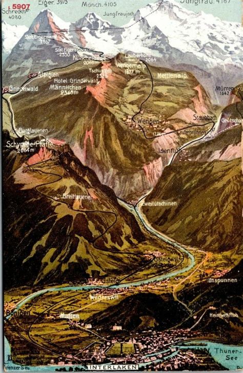 Vtg Interlaken Switzerland Bernese Oberland Swiss Alps Map 1910s