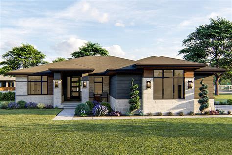 Single story house plans (sometimes referred to as one story house plans) are perfect for homeowners who wish to age in place. 1-Story Modern Prairie-Style House Plan with Side Load ...