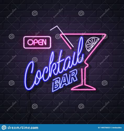 Neon Sign Cocktail Bar On Brick Wall Background Vintage Electric