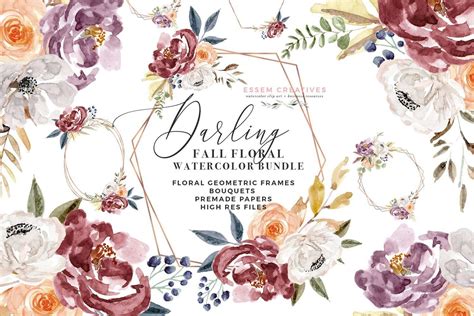 Fall Floral Watercolor Clipart Burgundy Rose Gold Geometric Floral Frames