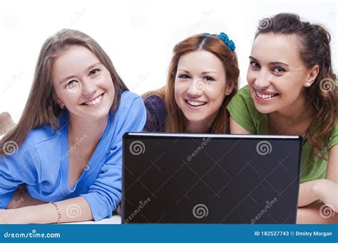 Youth Lifestyle Portrait Of Three Happy Caucasian Girlfriends Working