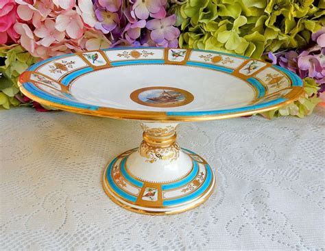 antique minton porcelain compote tazza turquoise gold encrusted birds boat minton gold