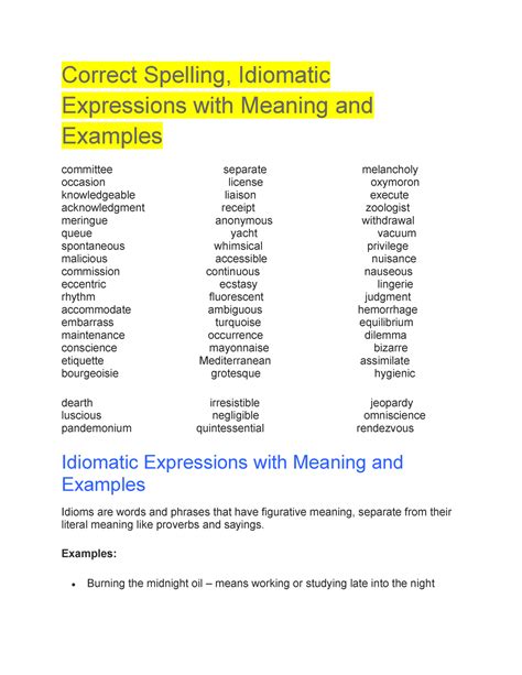 Correct Spelling Idiomatic Expressions With Meaning And Examples Teaching English In The