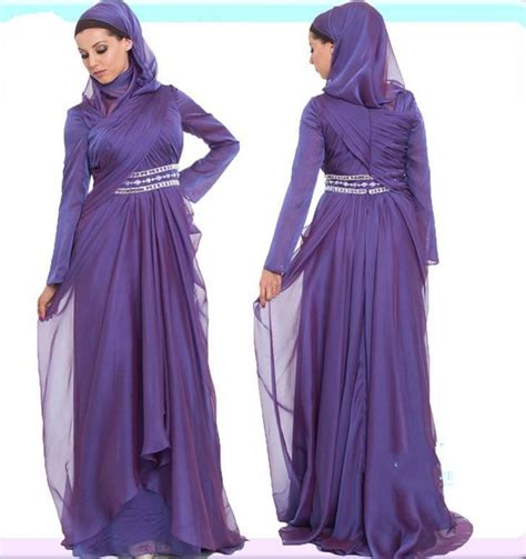 2017 New Arrival Purple Long Sleeve Muslim Evening Dresses With Beads