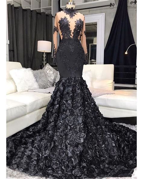 Elegant Black Girls Black Mermaid Prom Dresses 2020 Beaded Sexy Long Sleeve Prom Gowns African