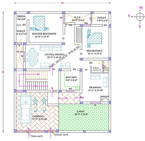 2 Bed Room House Plan In A 40 X 50 East Face Plot As Per Vastu Rk