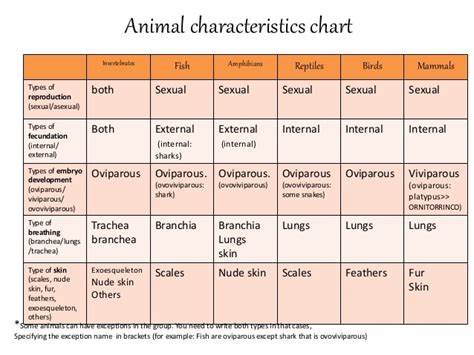Animal Characteristics Chart