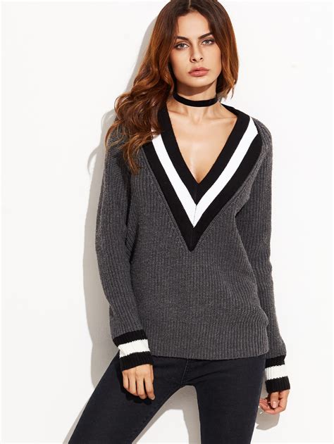 Grey Striped Trim Deep V Neck Sweater Shein Sheinside