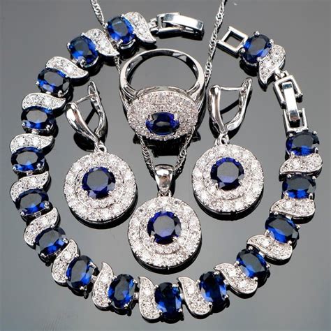 blue natural zircon stone silver sterling jewelry set for ladies silver necklace set ring