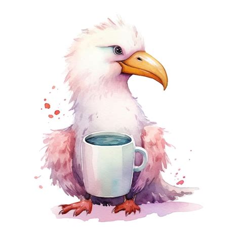 Premium Photo A Watercolor Painting Of A Bird With A Cup Of Coffee