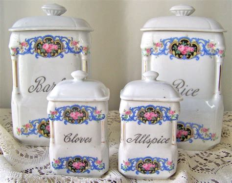 Can be stored on a reserved for clair mid century vintage modern turquoise aqua atomic starburst kitchen canisters canister set 1950s 1960s cols set of 4. Vintage Canisters and Spice Jars Pink Roses Blue Vines ...