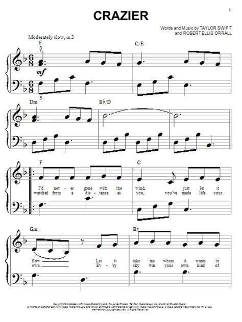 Crazier Sheet Music Taylor Swift Big Note Piano