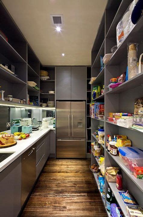 Contemporary Gray Pantry Features A Wall Of Floor To Ceiling Shelves