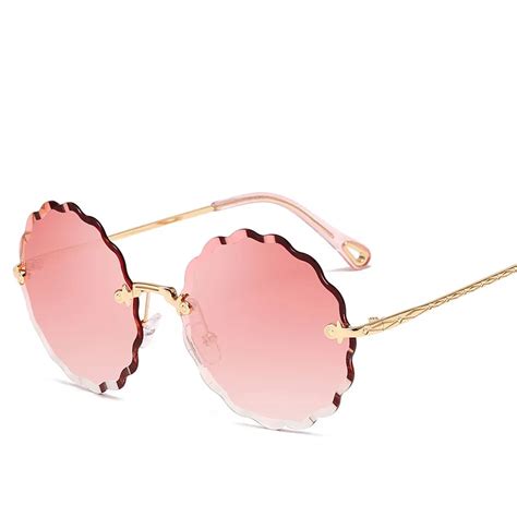 designer rimless sunglasses for women 2022 for women oversized round gradient tint flower wave