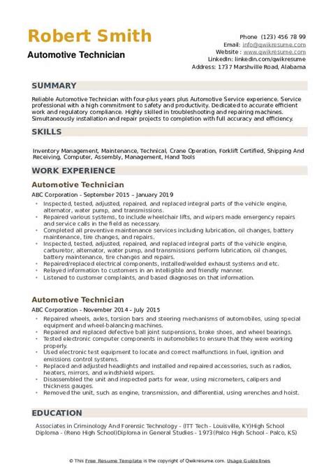 Although a receptionist resume has no standard format, the following resume samples contain all information and sections that should be present on a resume. Automotive Technician Resume Samples Qwikresume