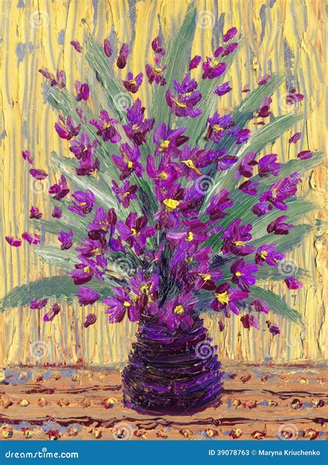 Still Life Oil Bouquet Of Purple Flowers Stock Illustration Image