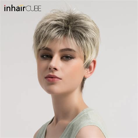 Esin Fluffy Short Straight Hair Wig For Women Dark Roots Ombre Blonde