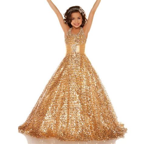 Gold 2017 Girls Dresses Pageant Halter Ball Gown Skins Spark Long