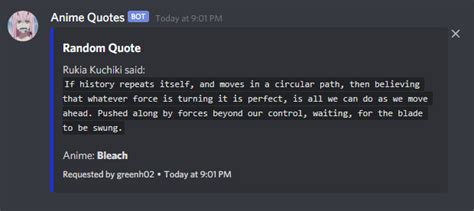 Discord doesn't have an official way to quote messages, but this guide has some useful alternatives that can be achieved with simple chat formatting or adding bots to your channel. Anime Quotes | Discord Bots