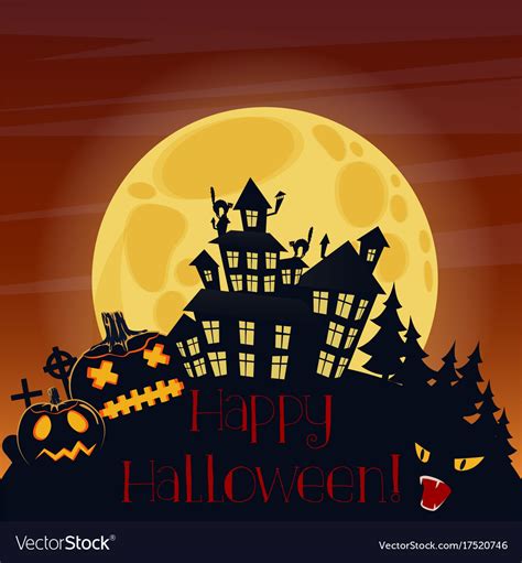 Happy Halloween Postcard With Pumpkins And Scary Vector Image