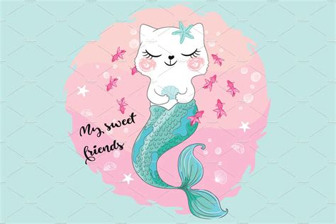 Cute Cat Mermaid Vectorcat Girl Animal Illustrations ~ Creative Market