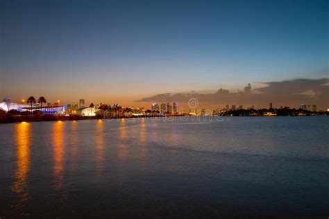 Miami City Miami Skyline Panorama At Dusk With Skyscrapers Over Sea