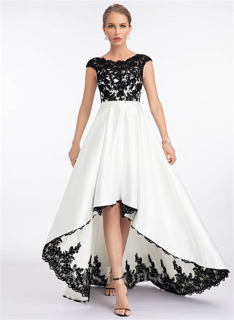 A Line Scoop Illusion Asymmetrical Lace Satin Prom Dresses 018221177 Jjs House