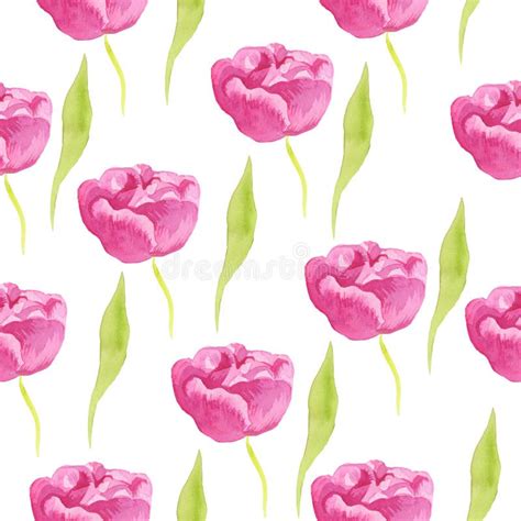 A Watercolor Seamless Pattern With Pink Tulips And Green Leaves Stock