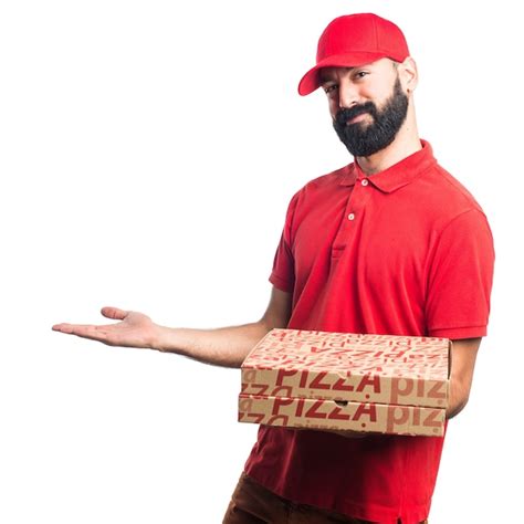 Free Photo Pizza Delivery Man Presenting Something