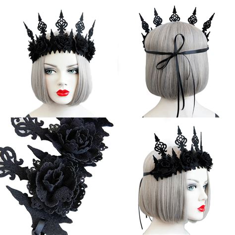 lady queen head wreath vintage gothic black crown roses tiara headband halloween party