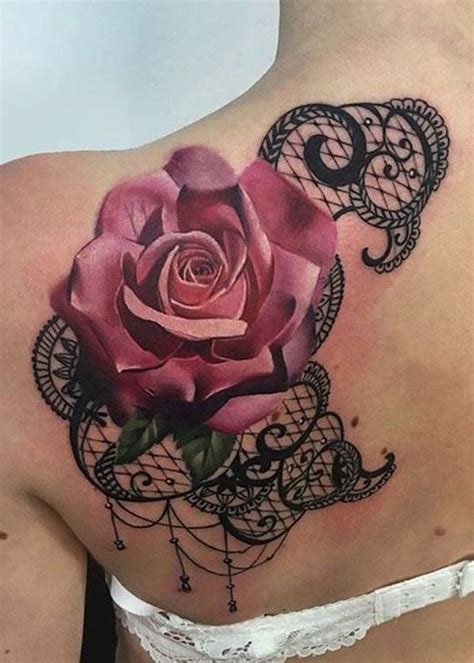 Pink Rose Shoulder Tattoo Ideas Black Lace Shoulder Tat
