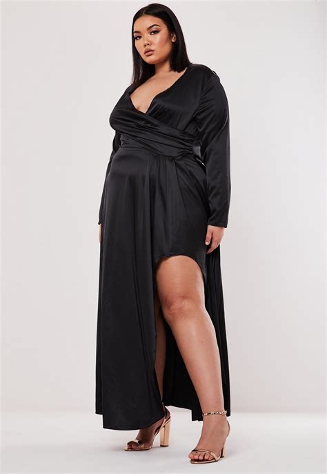 Plus Size Black Satin Wrap Over Maxi Dress | Missguided Australia