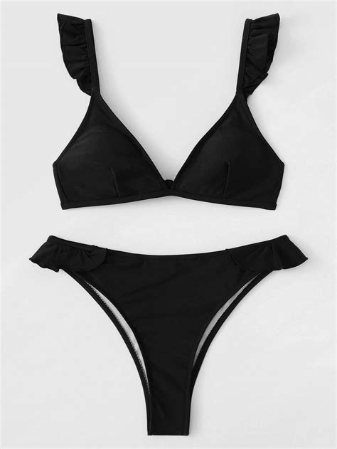 Black Plunge Top With Ruffle Bikini Bikinis Ruffled Bikini Solid Bikini