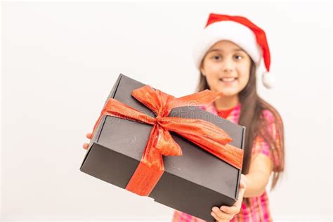 Little Girl With Christmas T Box Stock Photo Image Of Celebrating