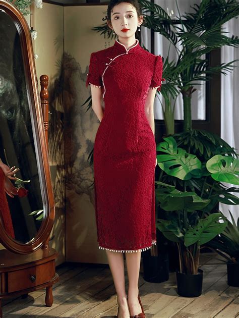 Beaded Red Lace Mid Wedding Qipao Cheongsam Dress Cozyladywear
