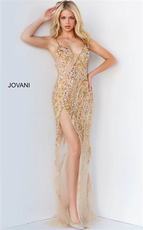 Jovani Nude Beaded Plunging Neck Long Dress
