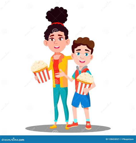 Boy And Girl With Popcorn In Hands Vector Isolated Illustration Stock