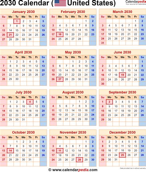 2030 Calendar For The Usa With Us Federal Holidays