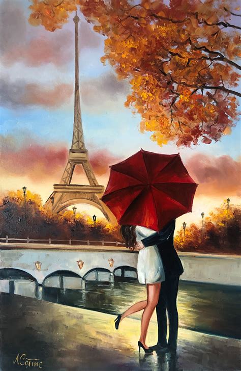 Paris Romance Wall Art Red Umbrella Eiffel Tower Original Oil Etsy In