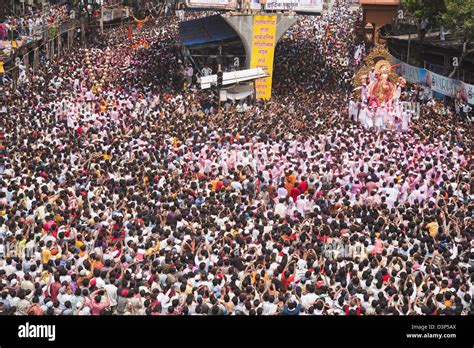 Crowd At Religious Procession During Ganpati Visarjan Ceremony Mumbai Maharashtra India Stock