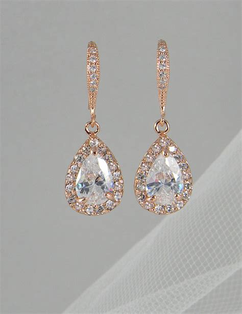 Rose Gold Bridal Earrings Pink Gold Wedding Jewelry Swarovski Crystal