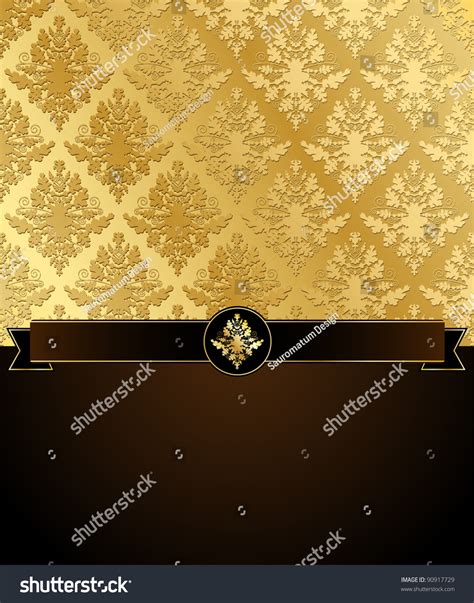 Gold Damask Wallpaper With Black Ribbon And A Dark Brown Place For Text