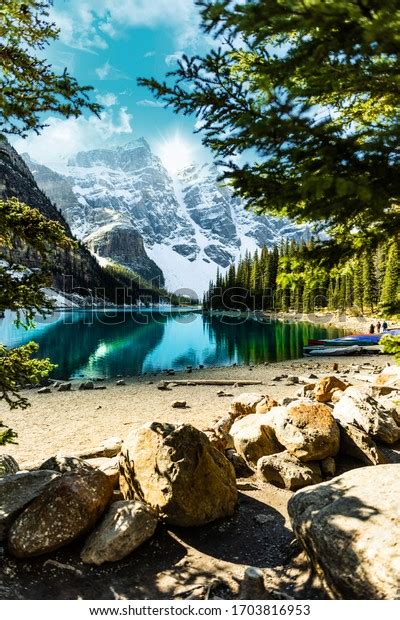Beautiful Turquoise Waters Moraine Lake Snowcovered Stock Photo