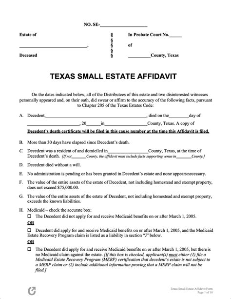 Free Texas Small Estate Affidavit Form PDF WORD