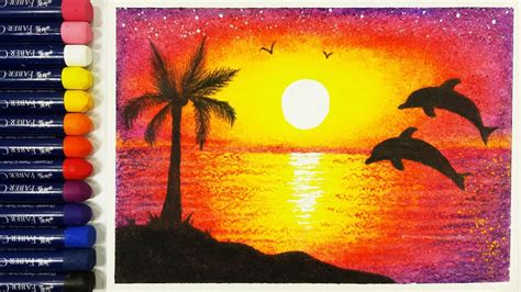 Sunset Scenery Drawing With Oil Pastels Easy Step By Step Youtube