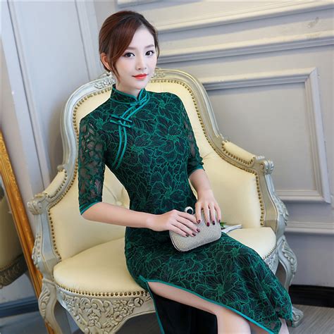 Buy Green Elegant Women Traditional Chinese Slim Dress